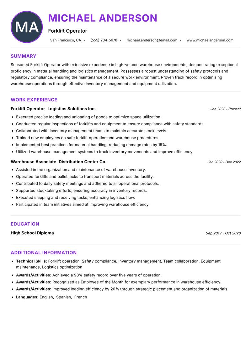Forklift Operator resume example — ATS-friendly template