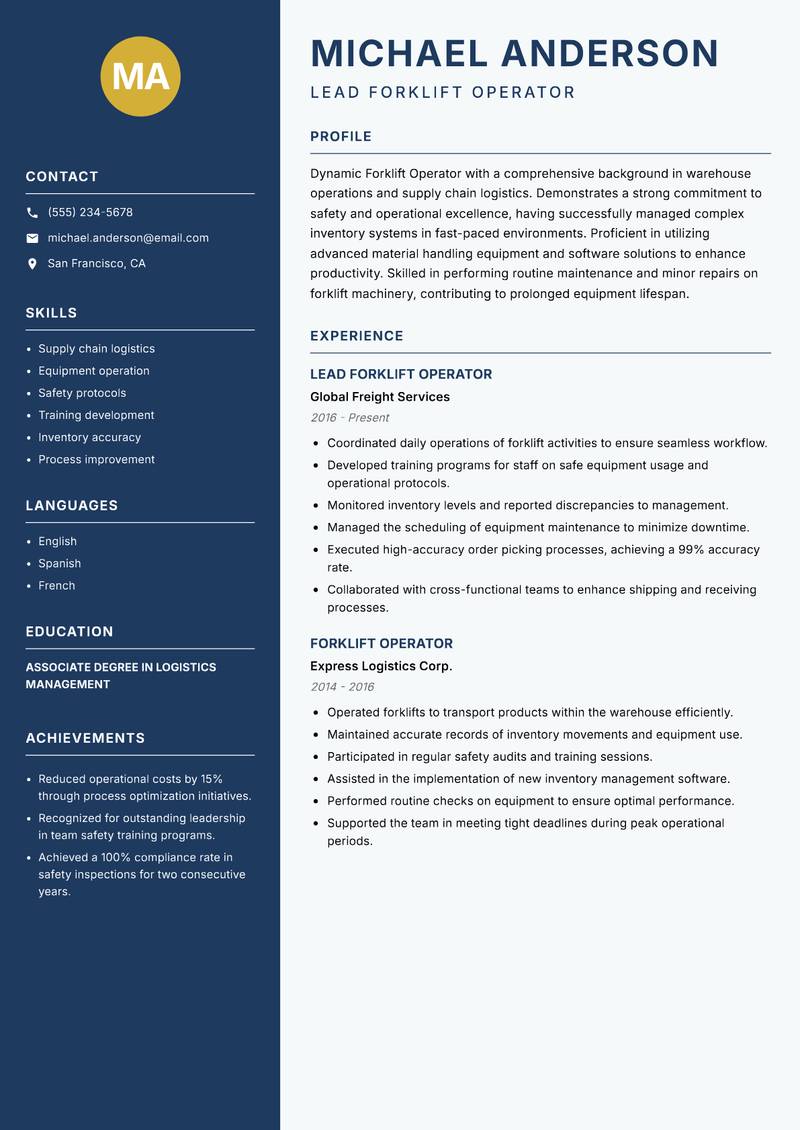 Forklift Operator resume template — Classic Clean