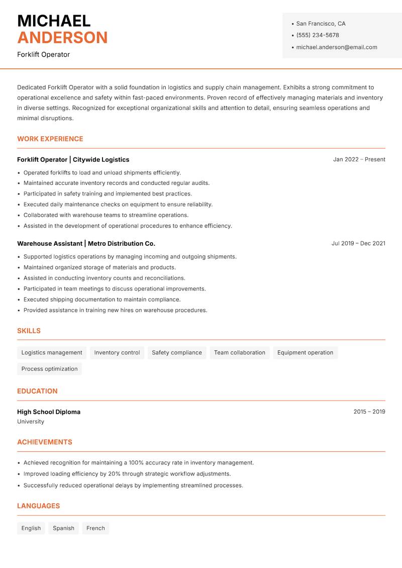 Forklift Operator resume template — Modern Professional