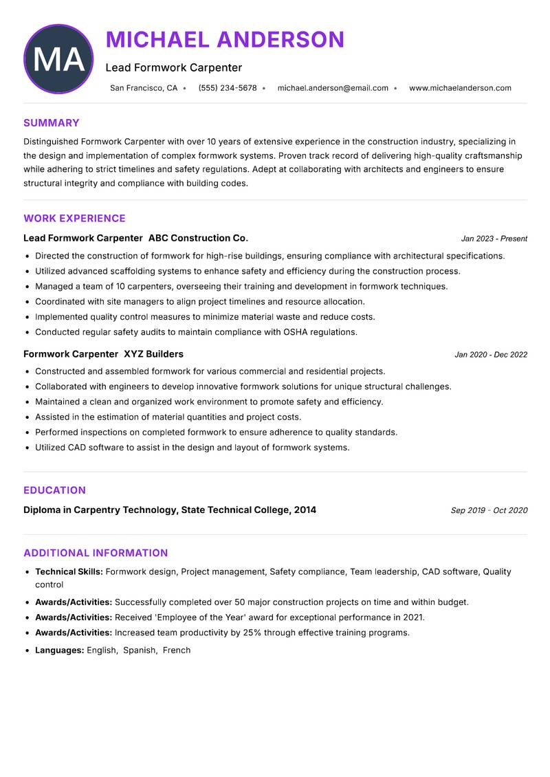Formwork Carpenter resume example — ATS-friendly template