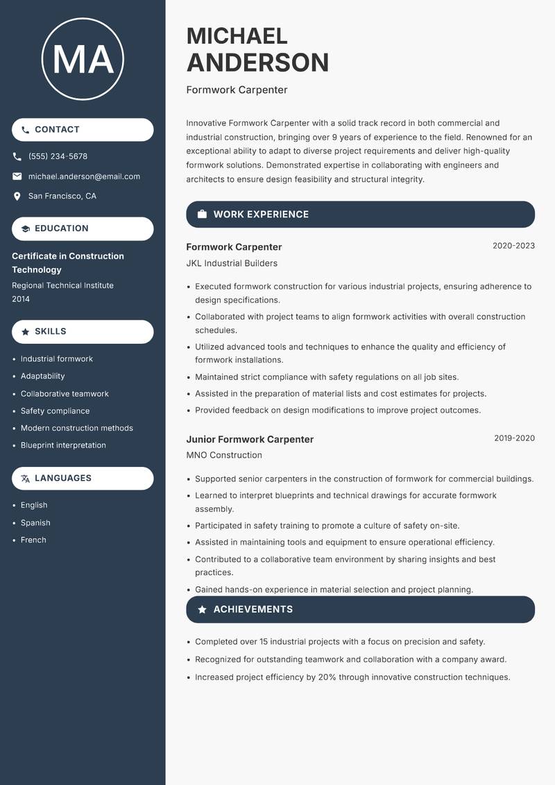 Formwork Carpenter resume template — Compact