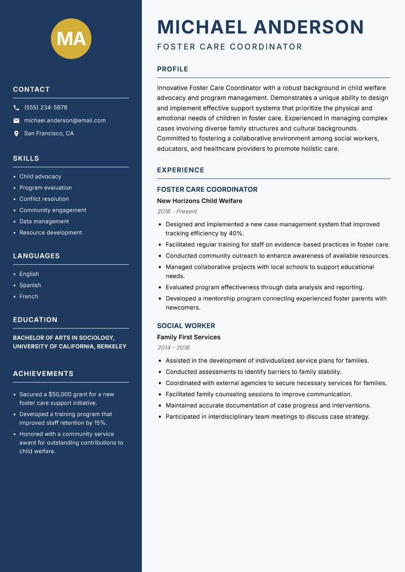Foster Care Coordinator resume template — Classic Clean