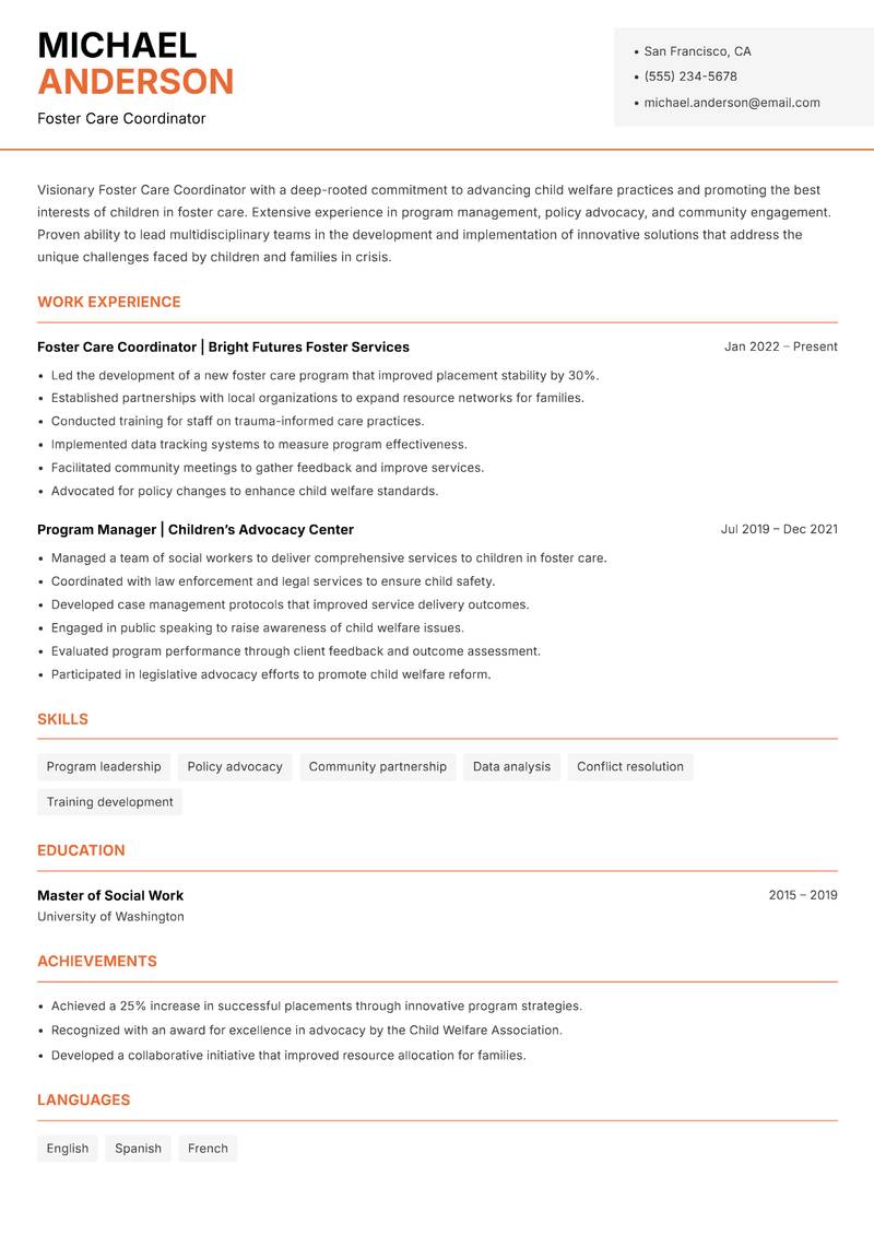 Foster Care Coordinator resume template — Modern Professional