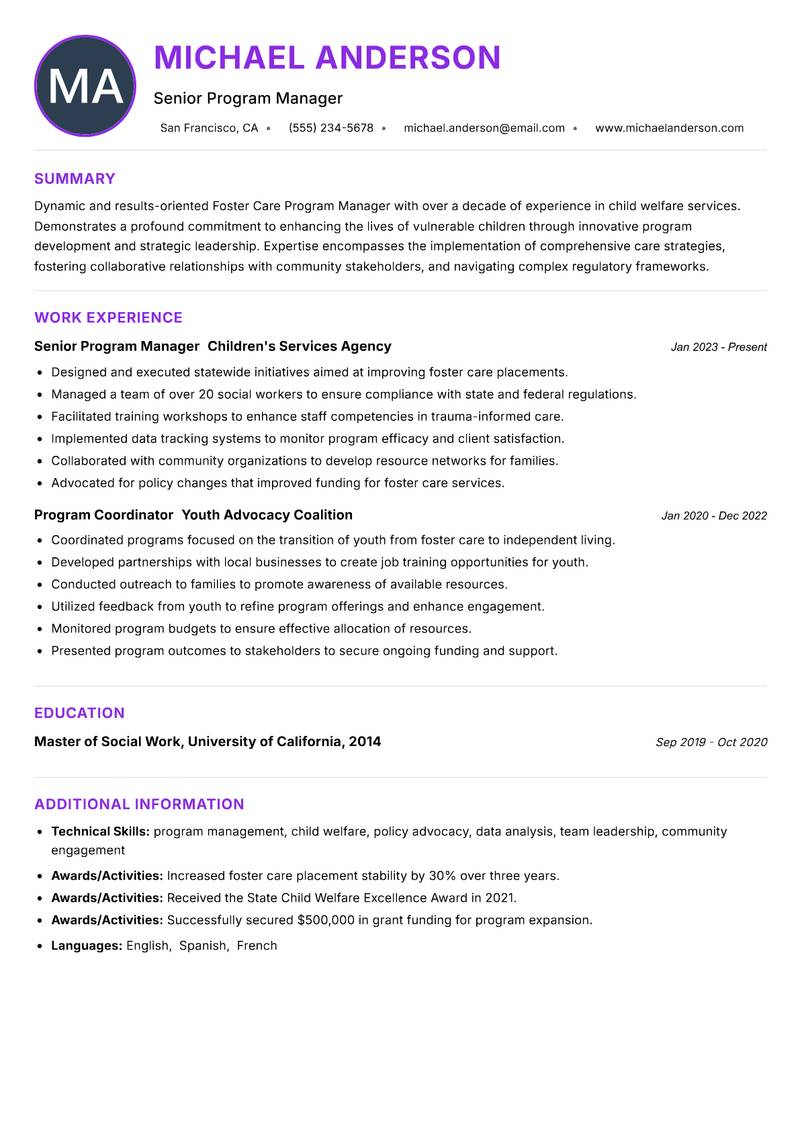 Foster Care Program Manager resume example — ATS-friendly template