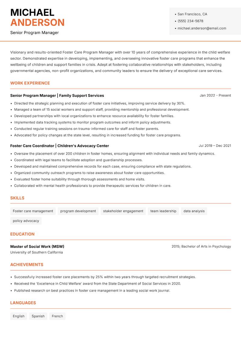 Foster Care Program Manager resume template — Modern Professional