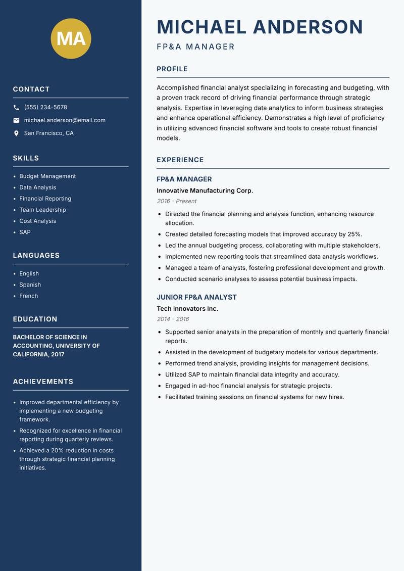 FP&A Analyst resume template — Classic Clean