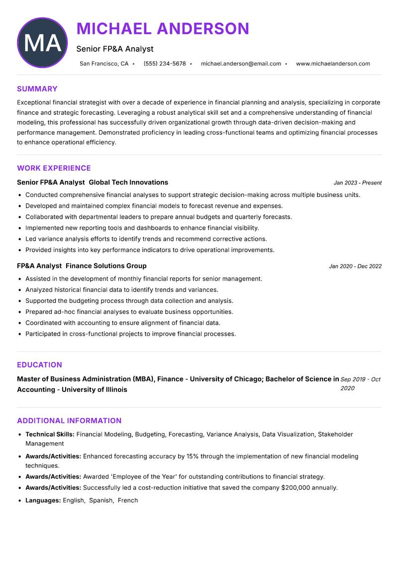 FP&A Manager resume example — ATS-friendly template