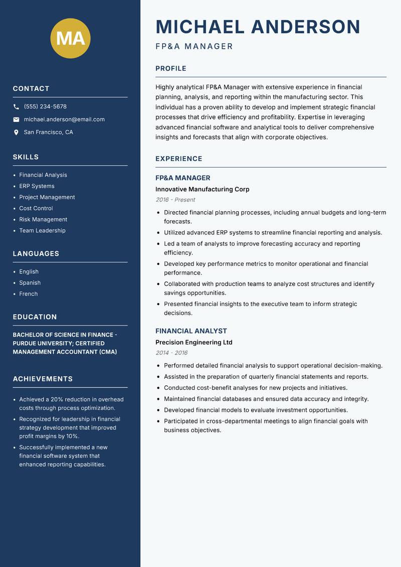FP&A Manager resume template — Classic Clean