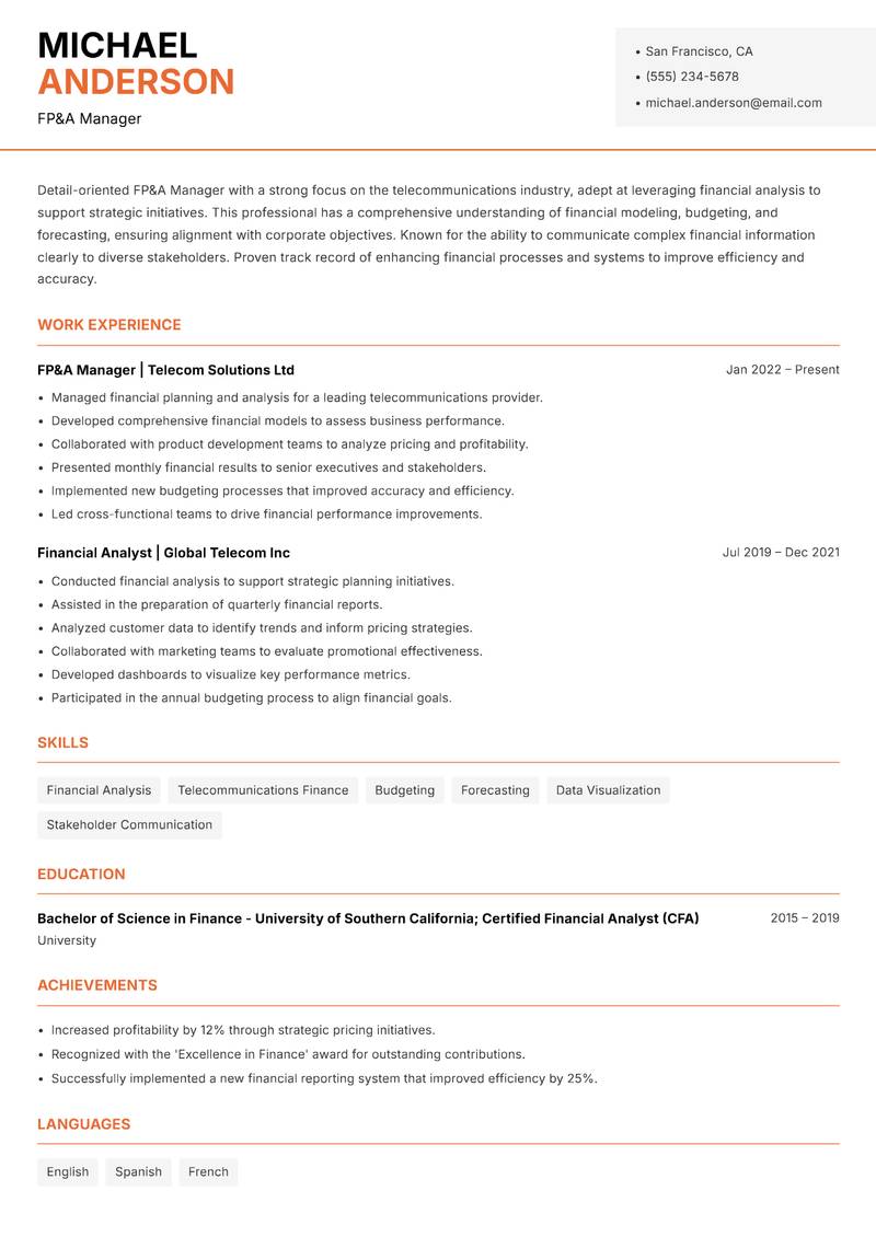 FP&A Manager resume template — Modern Professional