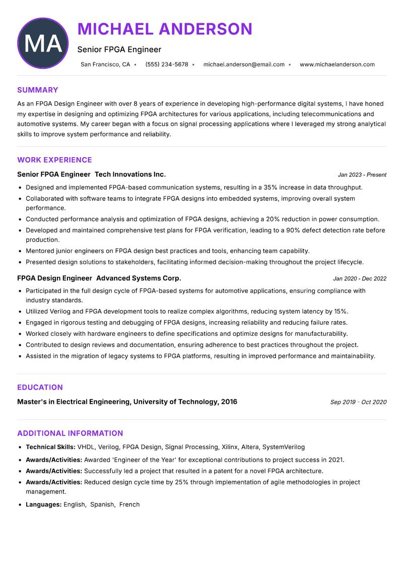 FPGA Design Engineer resume example — ATS-friendly template