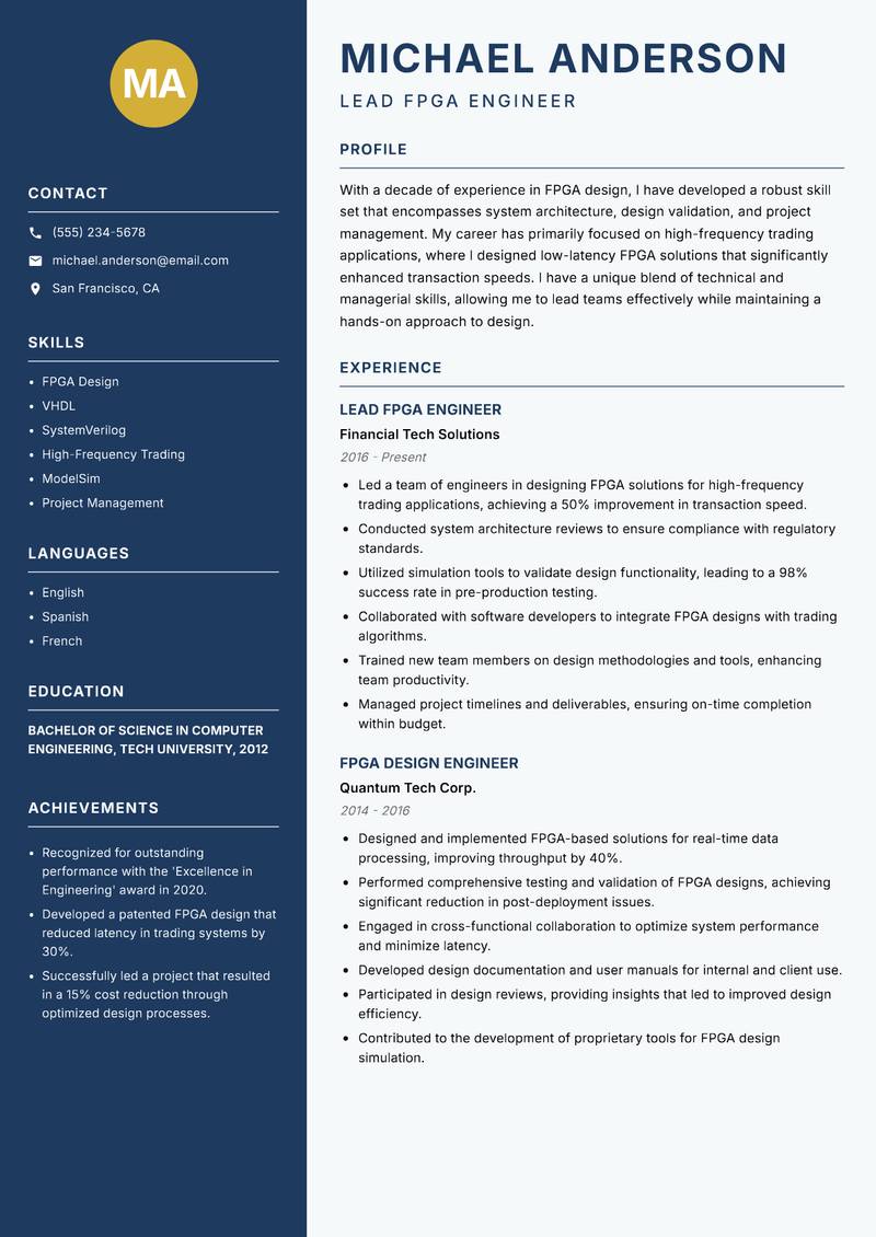 FPGA Design Engineer resume template — Classic Clean
