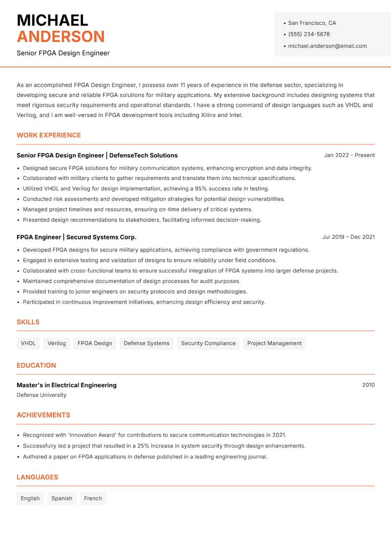 FPGA Design Engineer resume template — Modern Professional