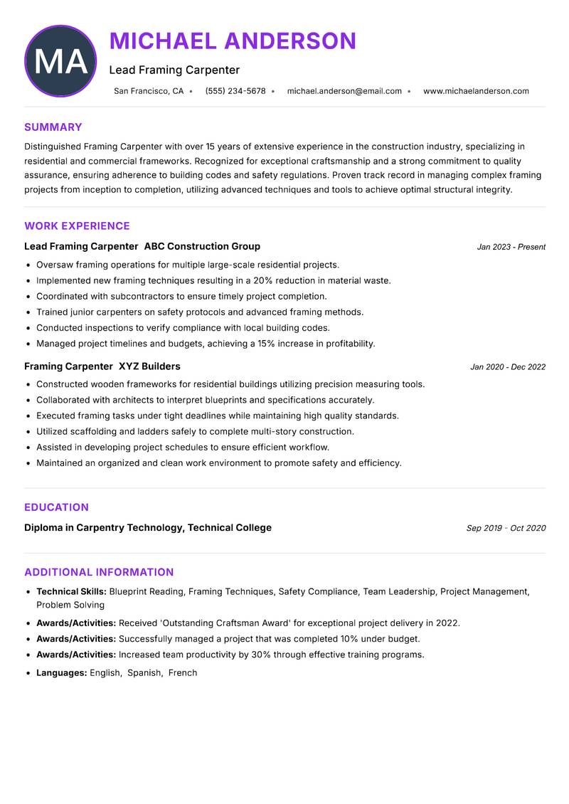 Framing Carpenter resume example — ATS-friendly template
