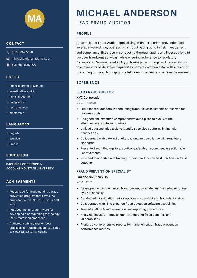 Fraud Auditor resume template — Classic Clean