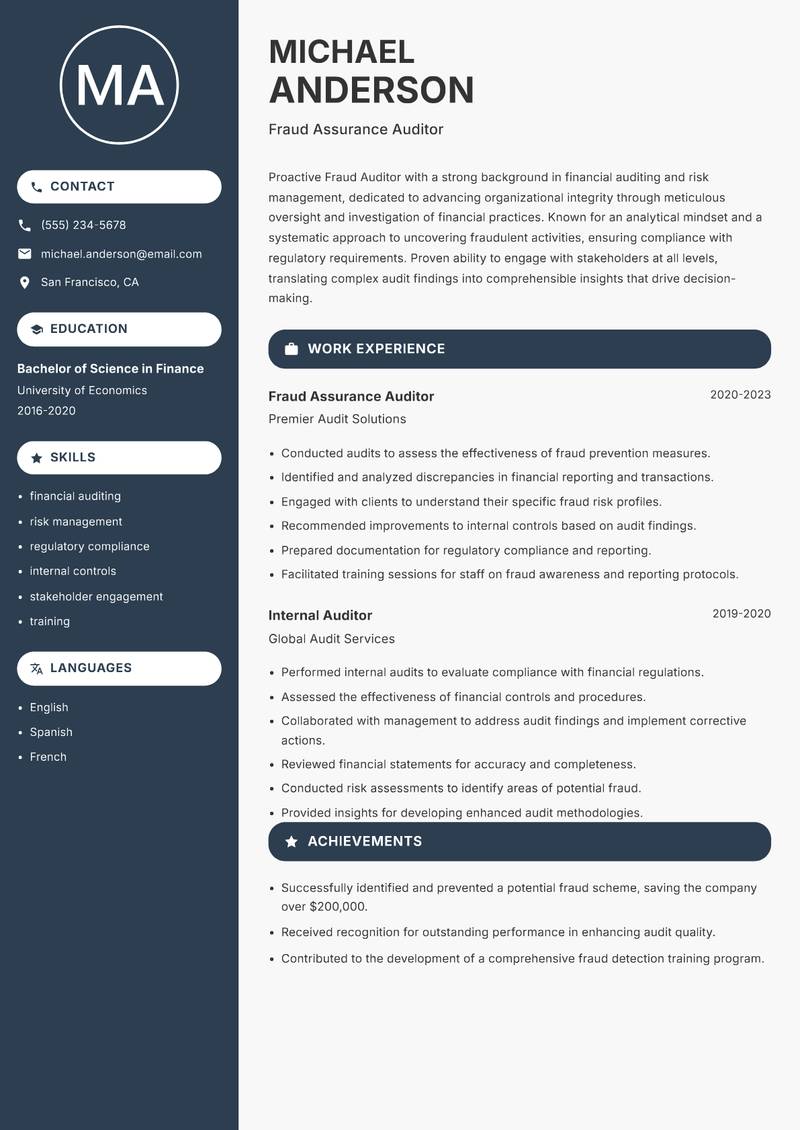 Fraud Auditor resume template — Compact