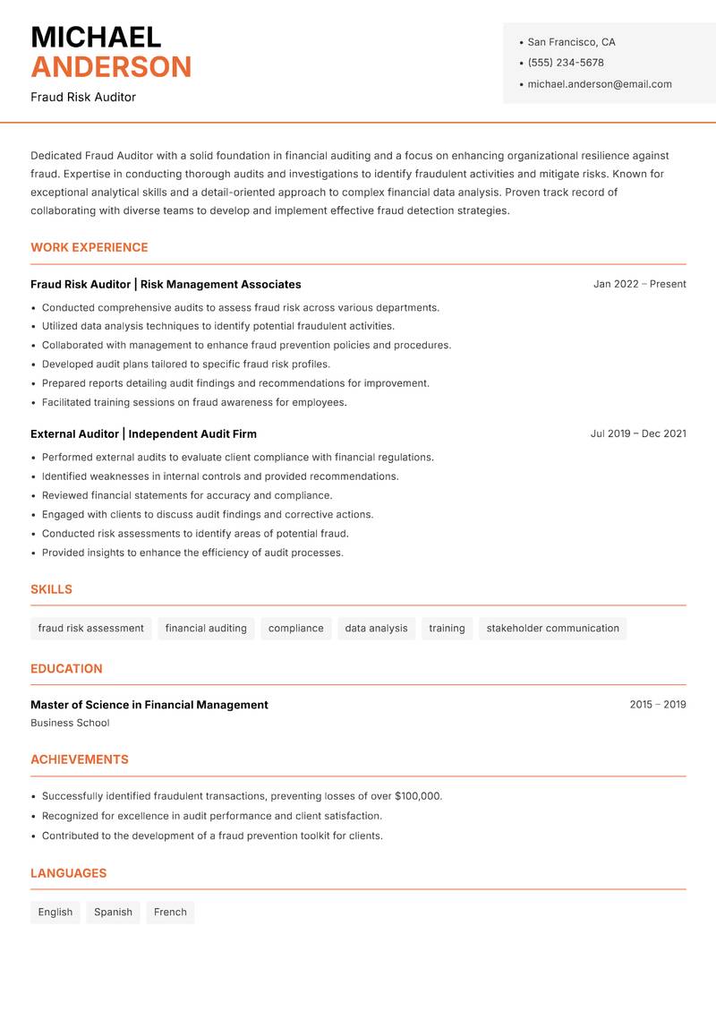 Fraud Auditor resume template — Modern Professional