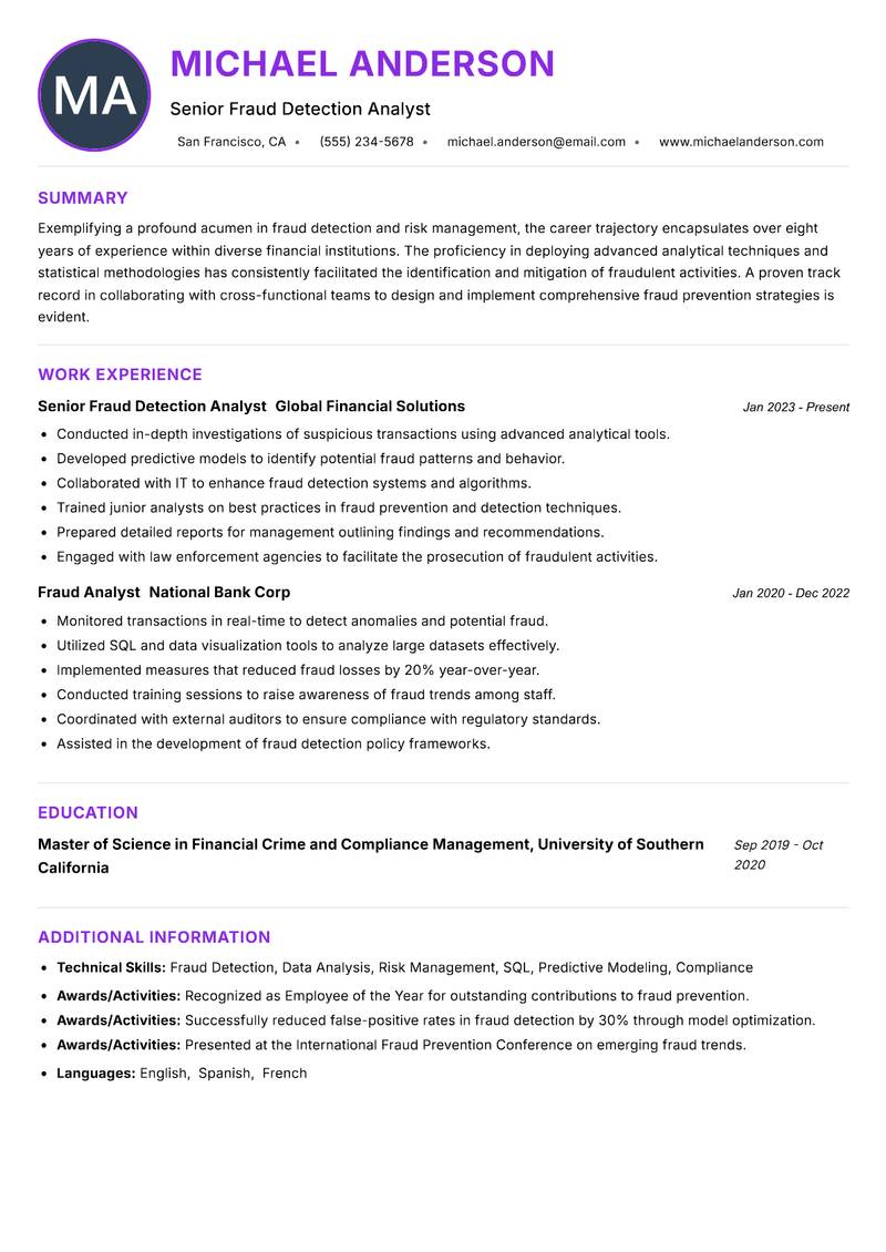 Fraud Detection Analyst resume example — ATS-friendly template