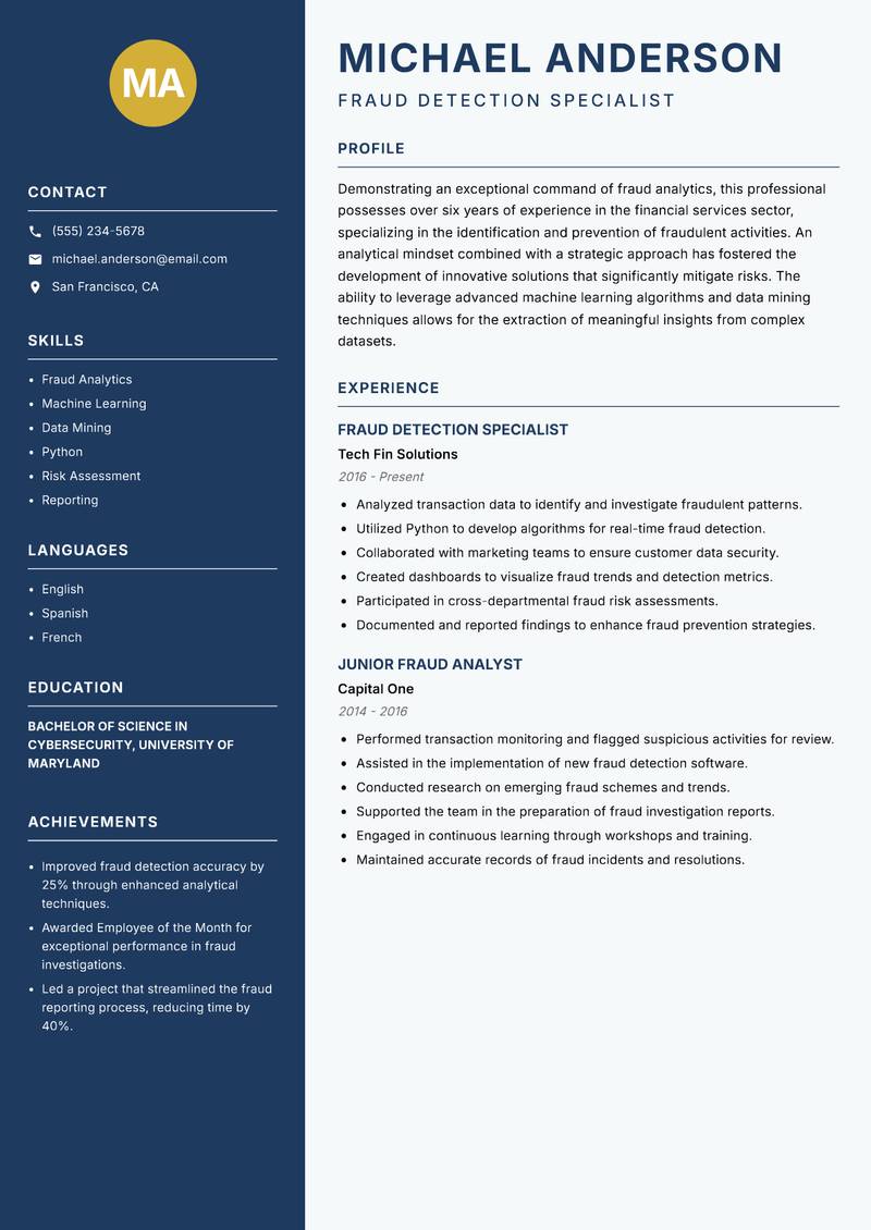 Fraud Detection Analyst resume template — Classic Clean
