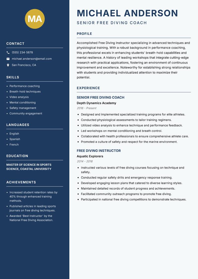 Free Diving Instructor resume template — Classic Clean