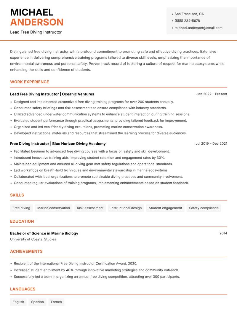 Free Diving Instructor resume template — Modern Professional