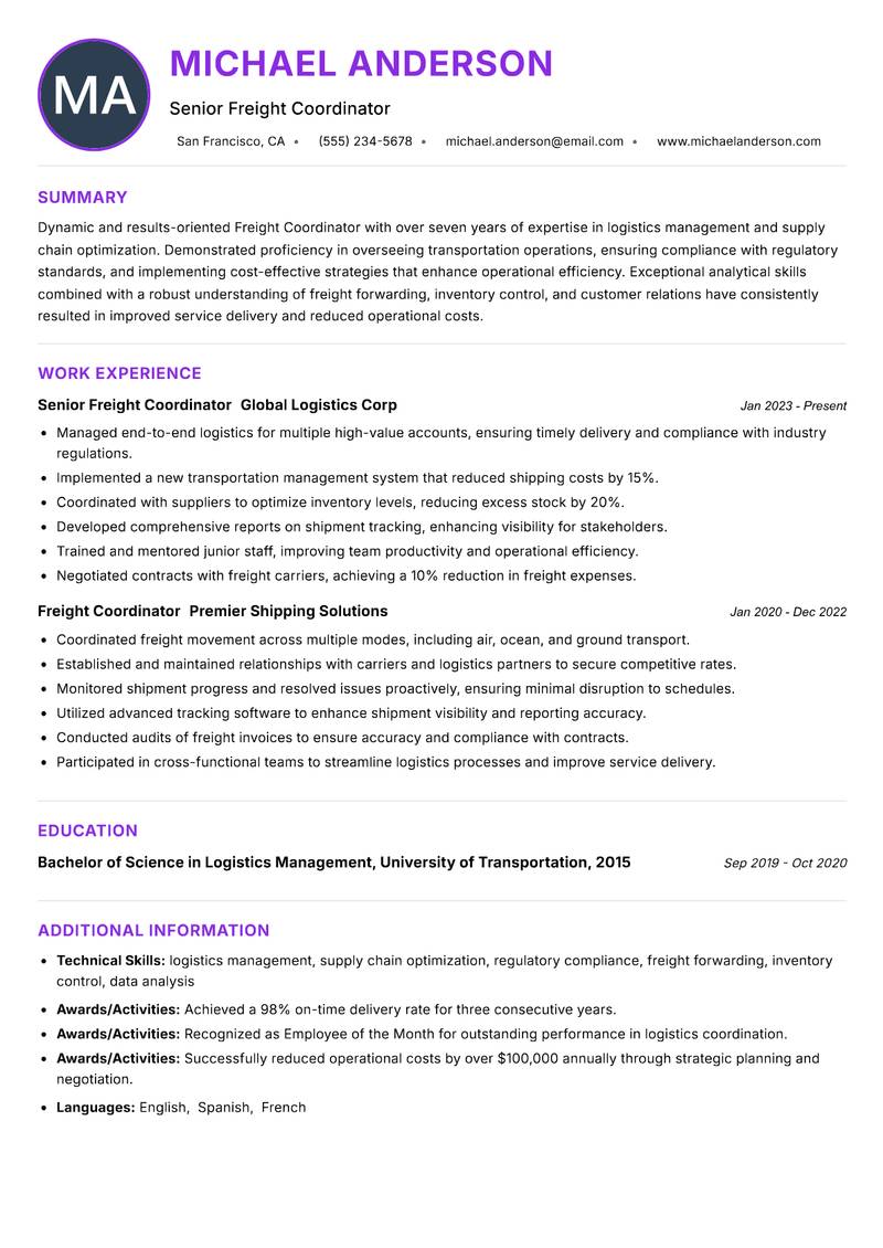 Freight Coordinator resume example — ATS-friendly template