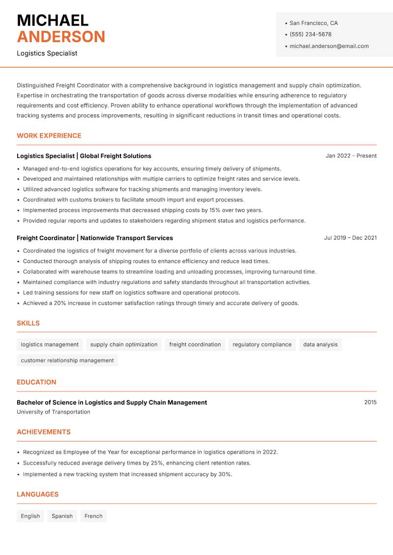 Freight Coordinator resume template — Modern Professional