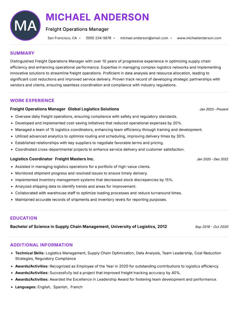 Freight Operations Manager resume example — ATS-friendly template