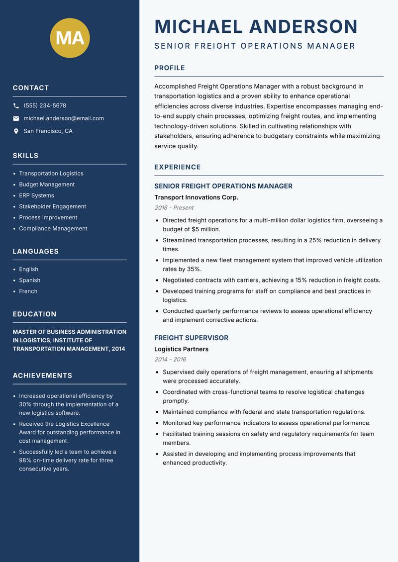 Freight Operations Manager resume template — Classic Clean