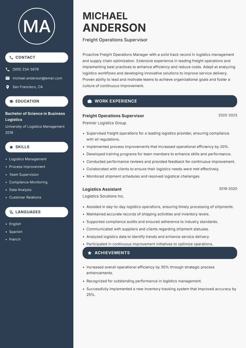 Freight Operations Manager resume template — Compact