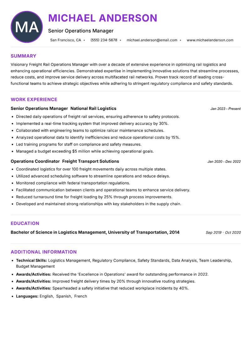 Freight Rail Operations Manager resume example — ATS-friendly template