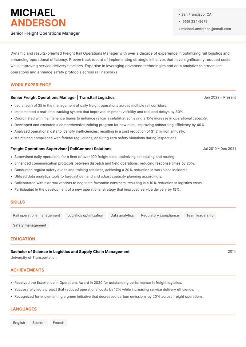 Freight Rail Operations Manager resume template — Modern Professional