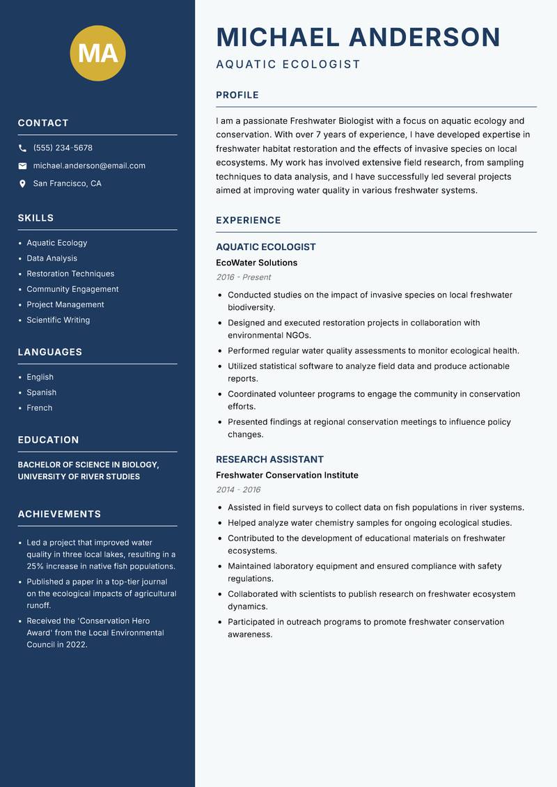 Freshwater Biologist resume template — Classic Clean
