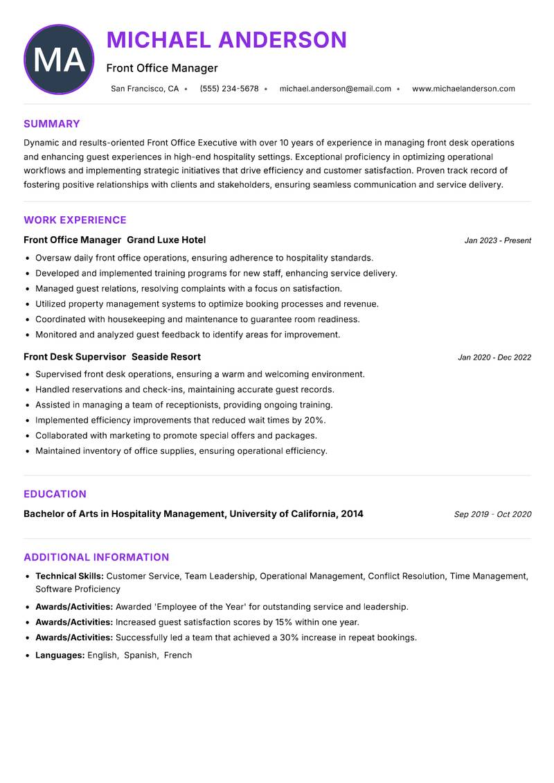 Front Office Executive resume example — ATS-friendly template