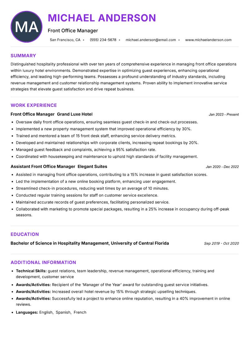 Front Office Manager resume example — ATS-friendly template