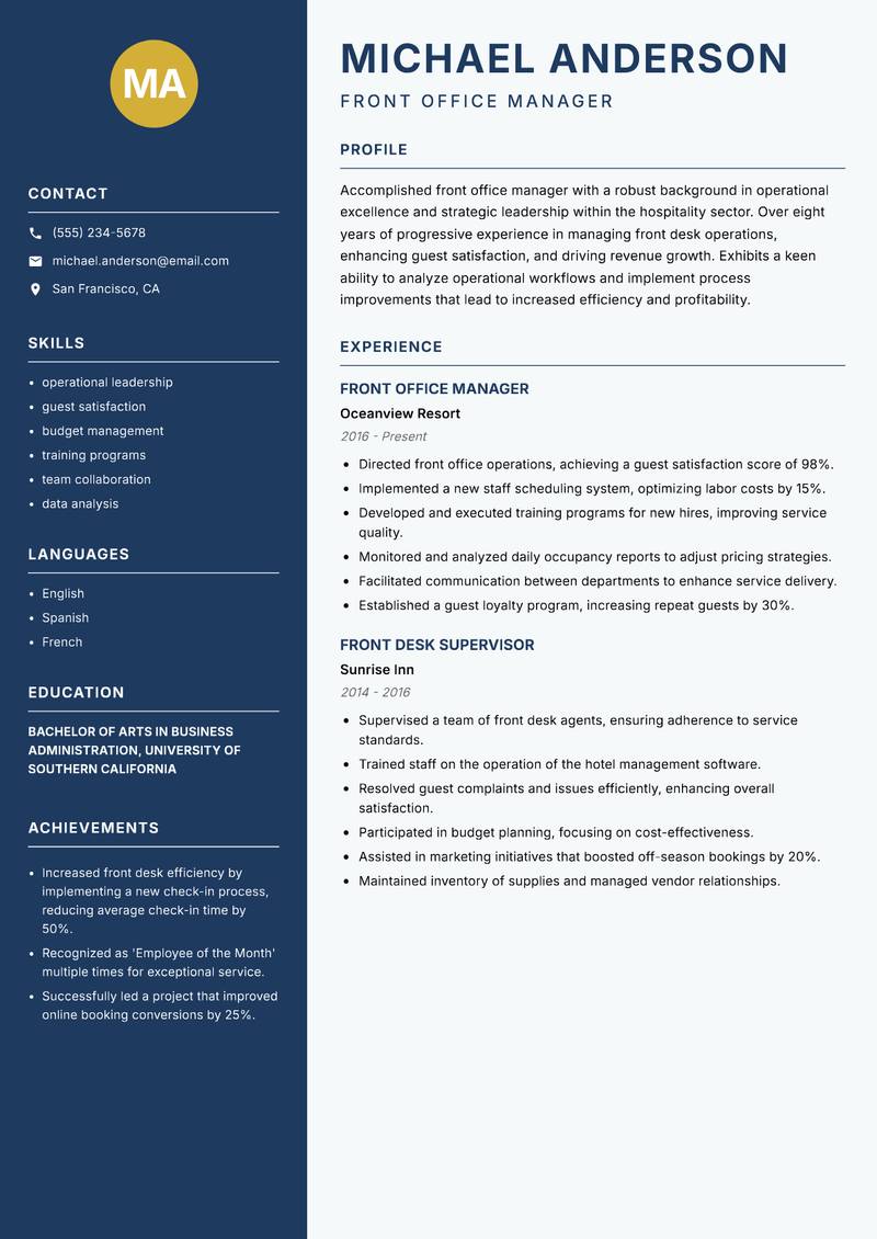 Front Office Manager resume template — Classic Clean