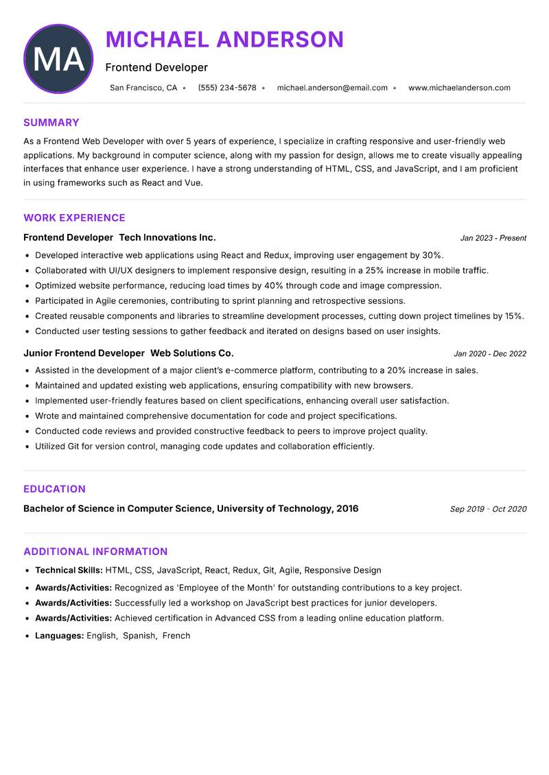 Frontend Web Developer resume example — ATS-friendly template