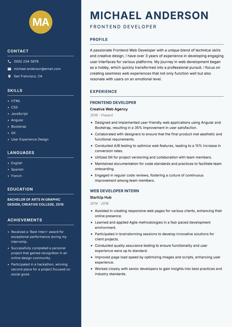 Frontend Web Developer resume template — Classic Clean
