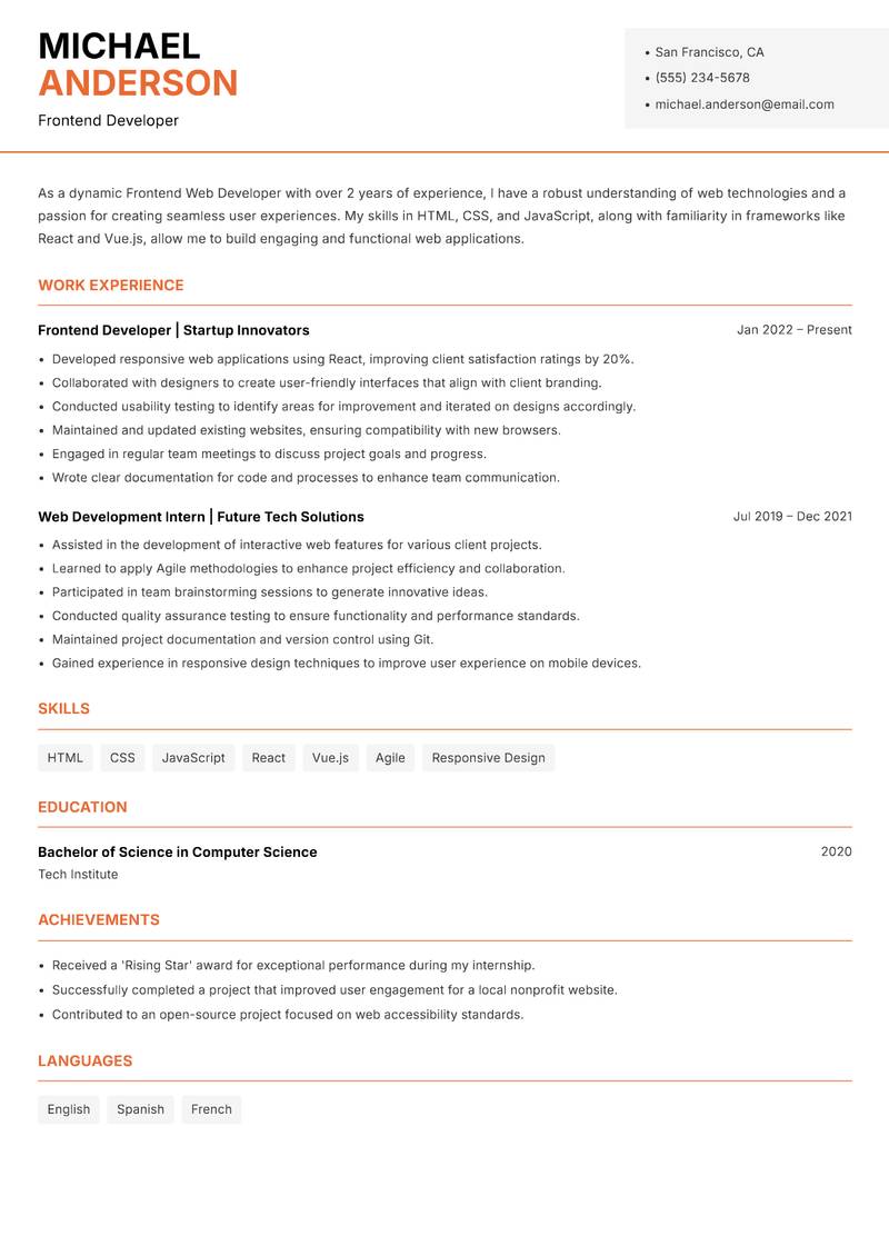 Frontend Web Developer resume template — Modern Professional