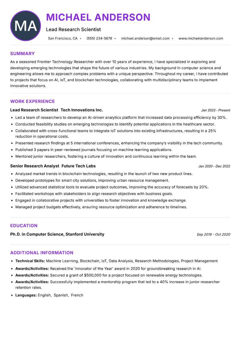 Frontier Technology Researcher resume example — ATS-friendly template