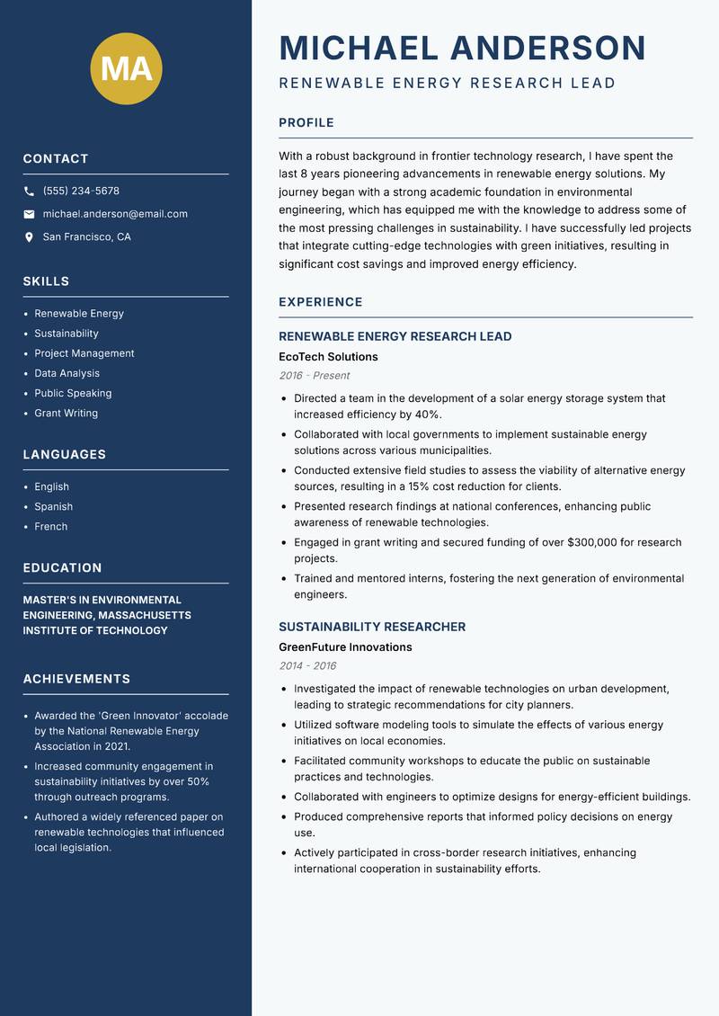Frontier Technology Researcher resume template — Classic Clean