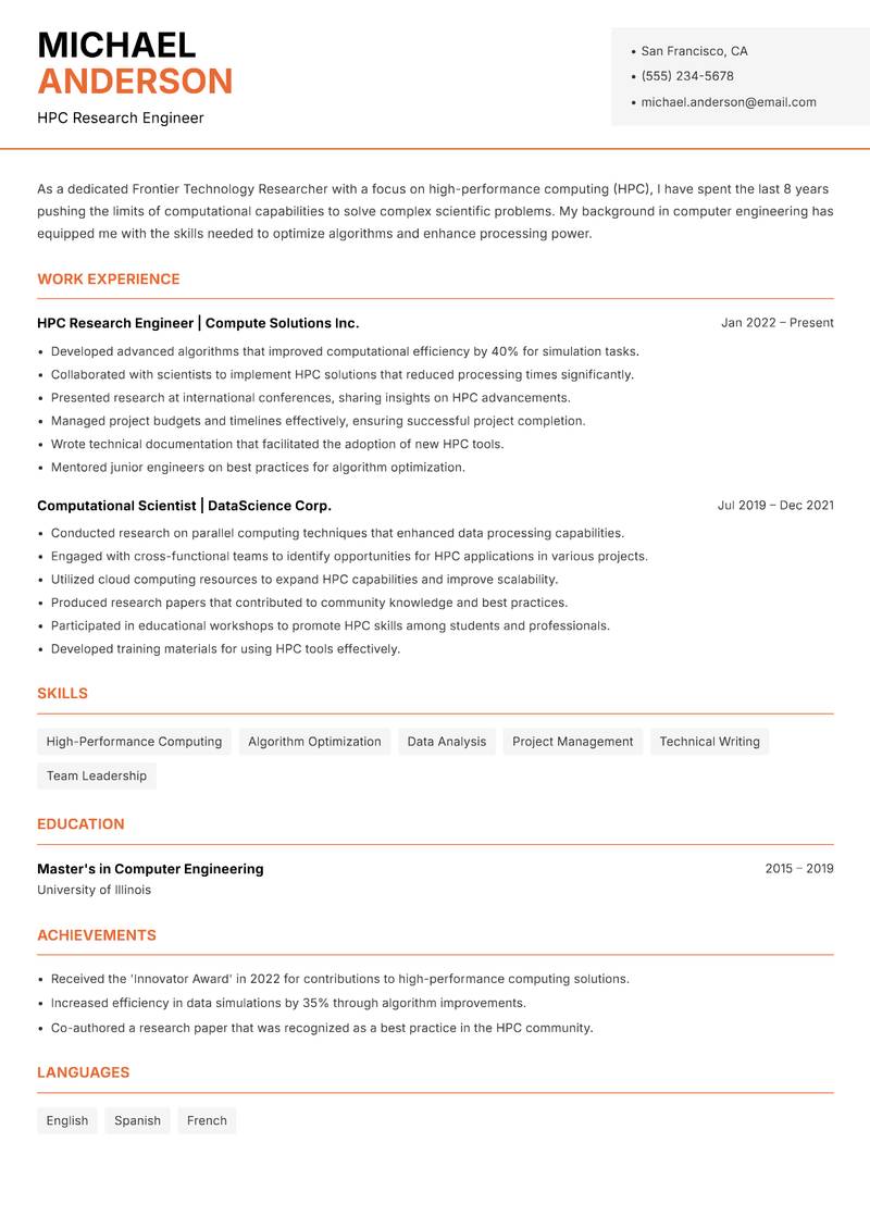 Frontier Technology Researcher resume template — Modern Professional