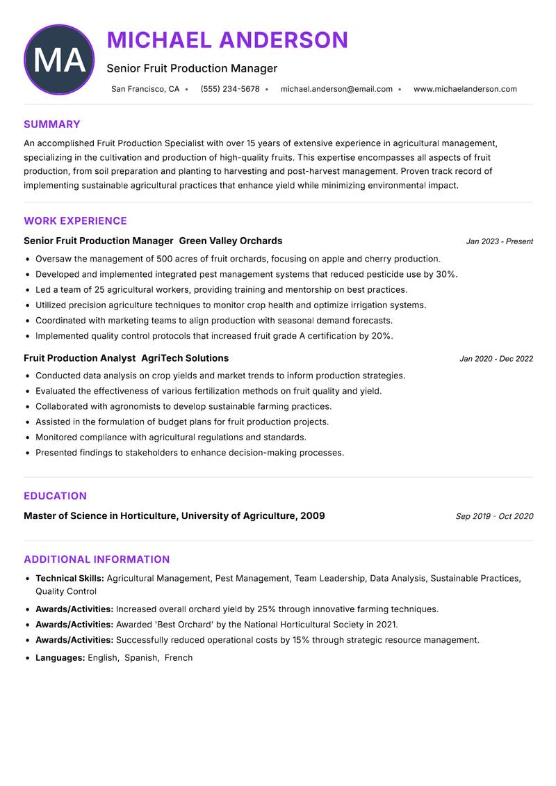 Fruit Production Specialist resume example — ATS-friendly template