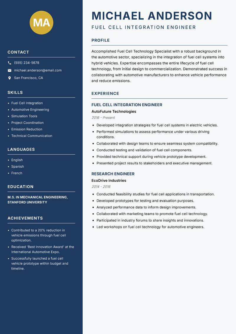 Fuel Cell Technology Specialist resume template — Classic Clean