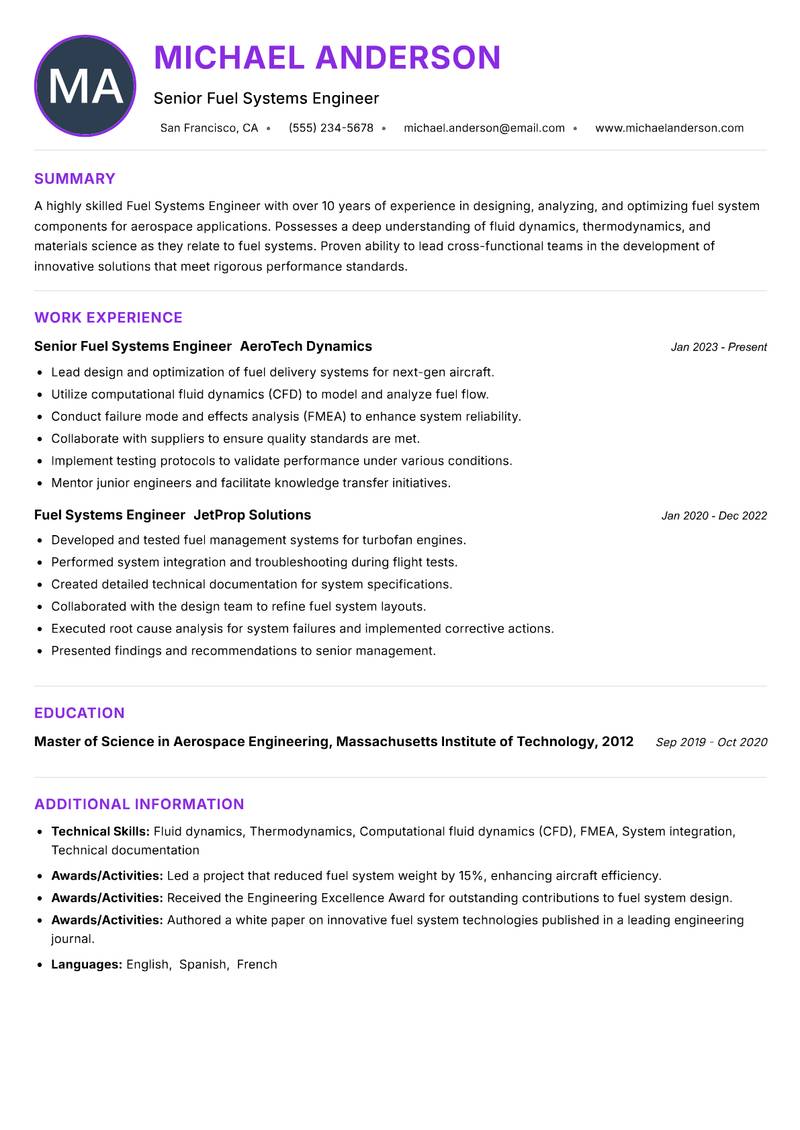 Fuel Systems Engineer resume example — ATS-friendly template