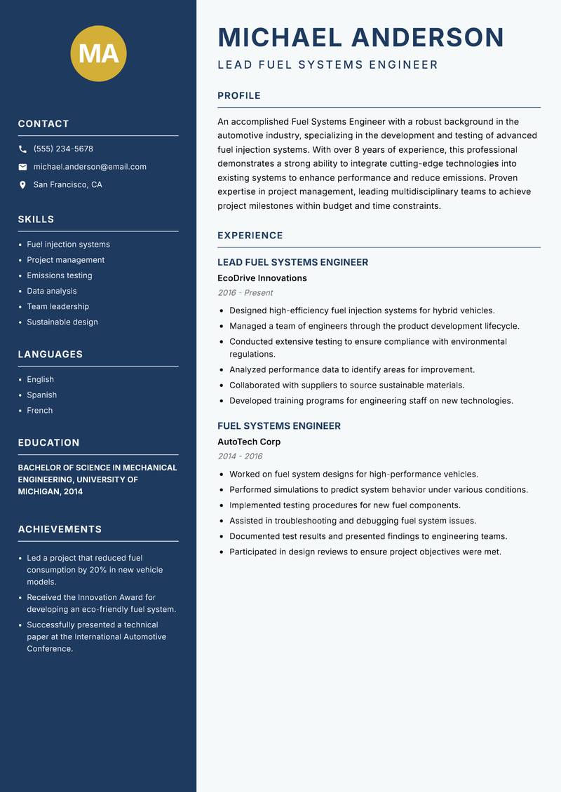 Fuel Systems Engineer resume template — Classic Clean