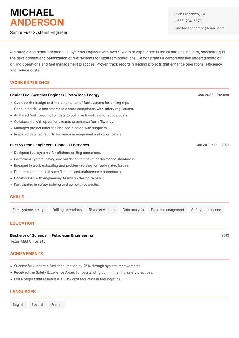 Fuel Systems Engineer resume template — Modern Professional
