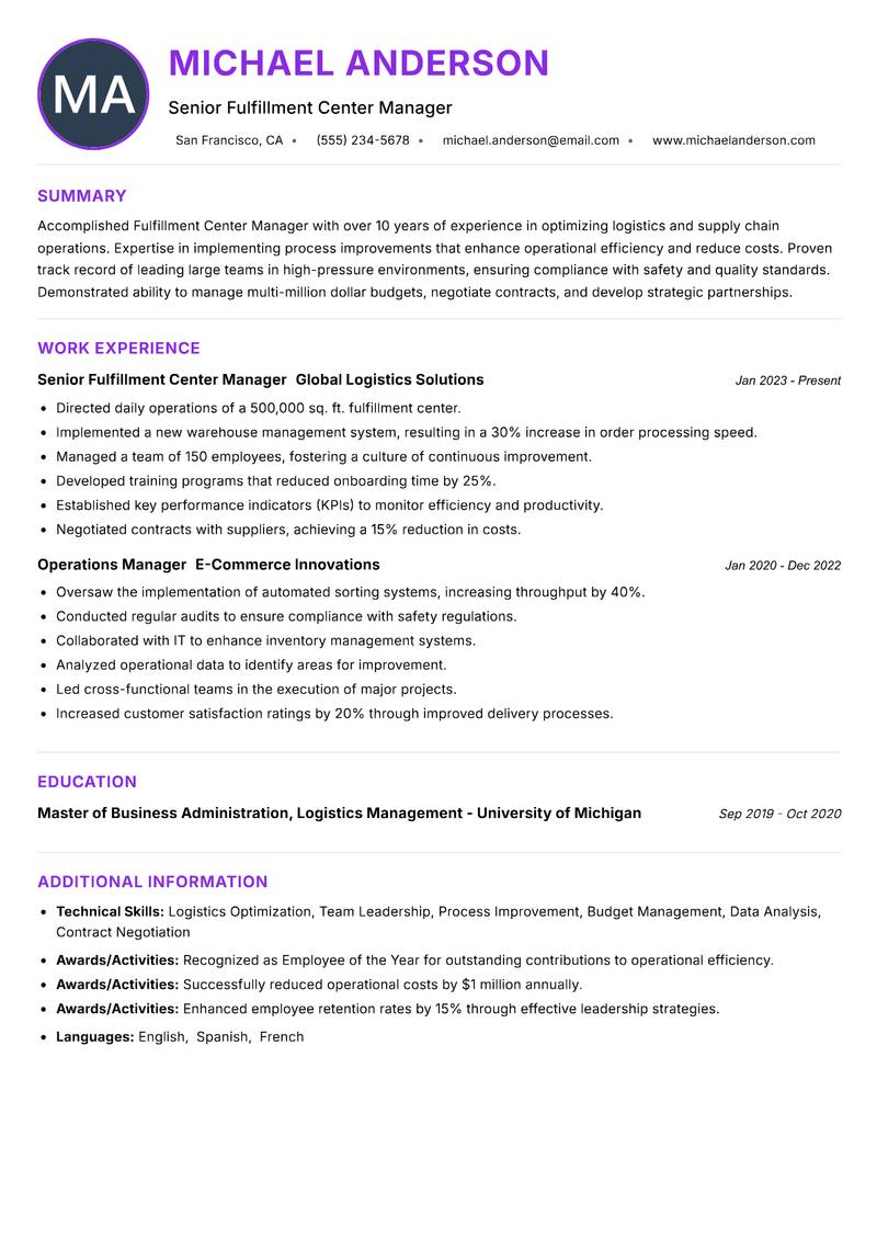 Fulfillment Center Manager resume example — ATS-friendly template