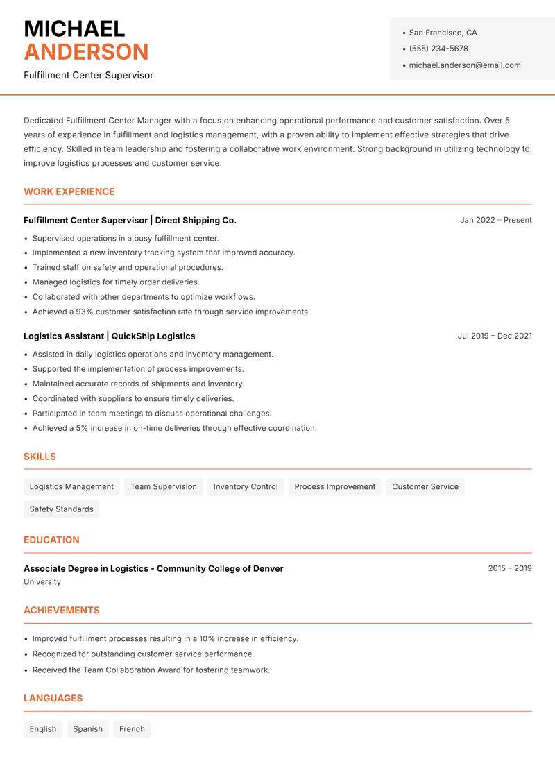 Fulfillment Center Manager resume template — Modern Professional