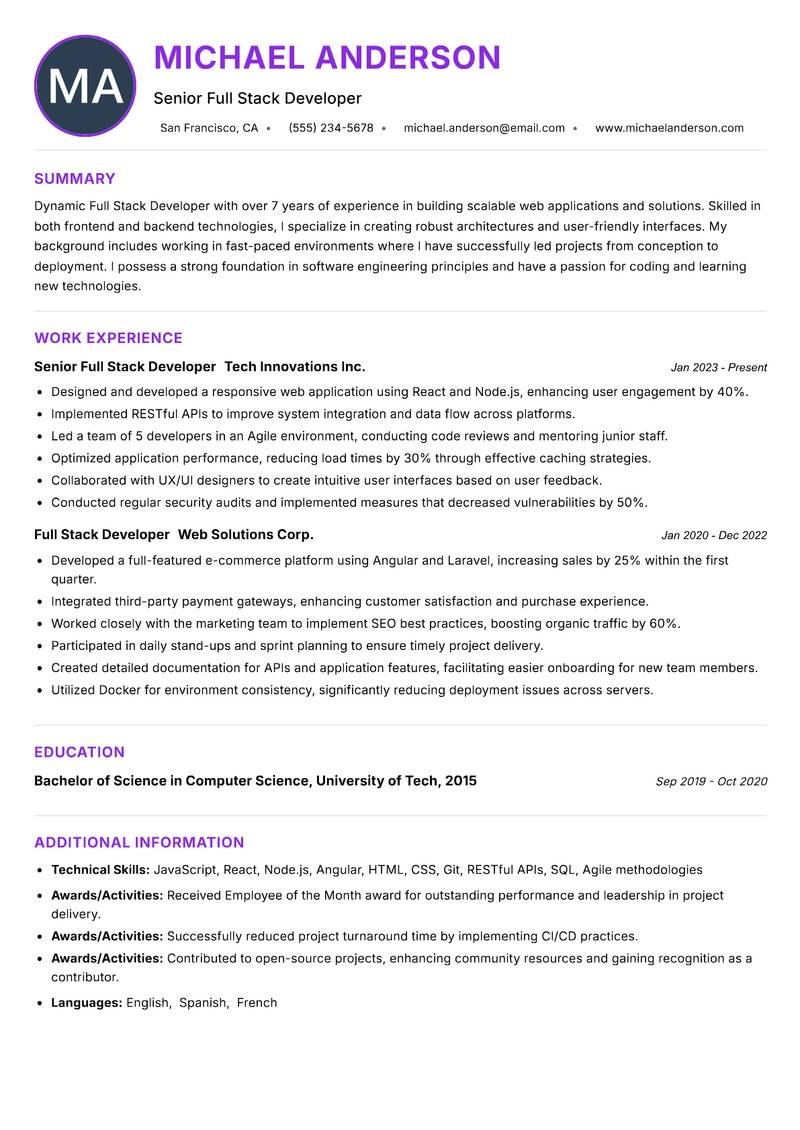 Full Stack Developer resume example — ATS-friendly template