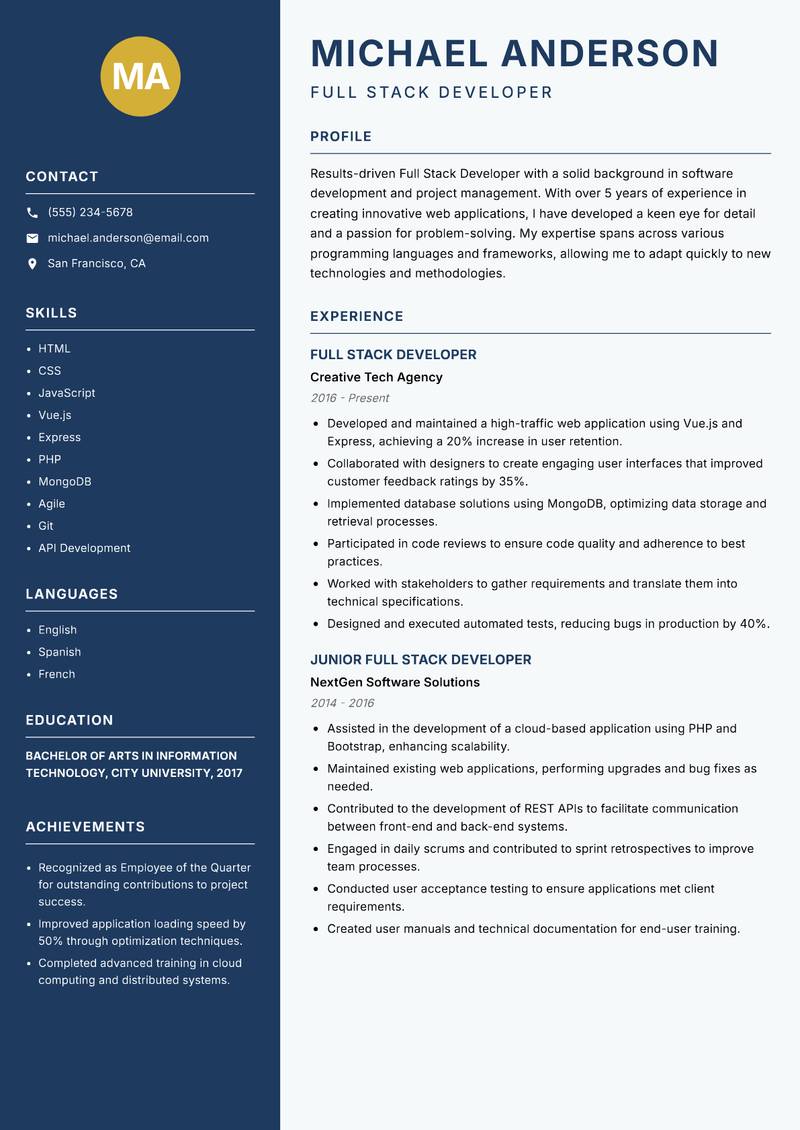 Full Stack Developer resume template — Classic Clean